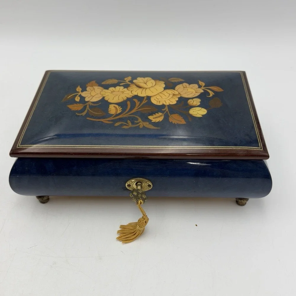 REUGE JEWELRY MUSIC BOX Wood Blue Beige Floral Inlay Italy Memory Cats Key Vtg